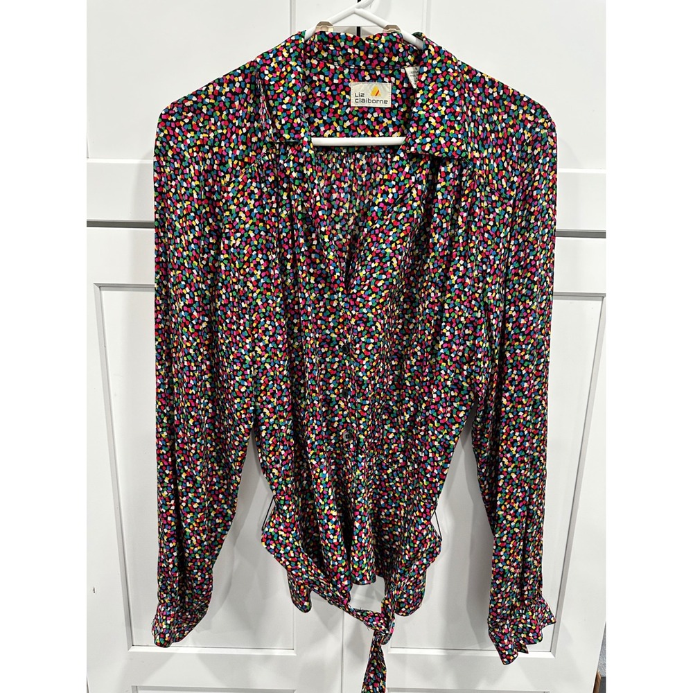 Vintage Liz Claiborne Multi Color Confetti Rayon Belted Blouse‎ Womens 8 Black